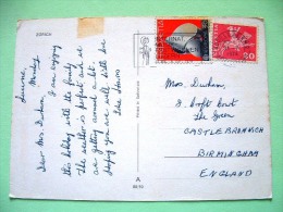 Switzerland 1974 Postcard "Zurich Church Night River" To England - Europa CEPT Sculpture - Postman On Horse - Briefe U. Dokumente