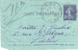 2924 PARIS 84 Rue Ballu  Entier Carte Lettre Pneumatique Yv CLPP2 30 C Semeuse - Neumáticos