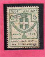 ITALIA REGNO 1924 PARASTATALI ASSOCIAZIONE NAZIONALE MUTILATI INVALIDI GUERRA ROMA CENT. 5 USATO USED - Portofreiheit