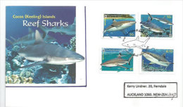 ILES COCOS KEELING (Océan Indien) Reef Sharks. Belle Lettre FDC Adressée En Nouvelle-Zélande. WWF. Année 2005. Yv-401/04 - Briefe U. Dokumente