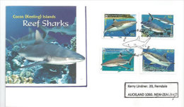 ILES COCOS KEELING (Océan Indien) Reef Sharks. Belle Lettre FDC Adressée En Nouvelle-Zélande. WWF. Année 2005. Yv-401/04 - Lettres & Documents