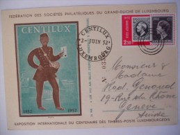 Luxembourg Carte De Luxembourg 1952 Pour Geneve , Cachet Centilux - Brieven En Documenten