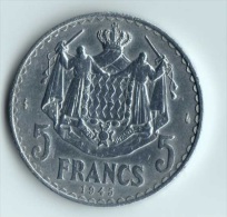 ** 5 FRANCS MONACO ALLU.1945 TTB+ ** - 1922-1949 Luigi II