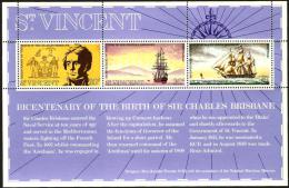 SAINT VINCENT - 1972 Sir Charles Brisbane, Naval Hero, Souvenir Sheet. Sailing Ships. Scott 343a. MNH ** - St.Vincent (...-1979)