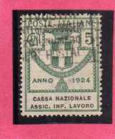 ITALY KINGDOM ITALIA REGNO 1924 PARASTATALI CASSA NAZIONALE ASSICURAZIONI INFORTUNI SUL LAVORO CENT. 5 USED - Franquicia