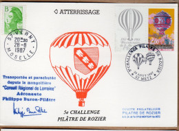 FRANCE 5ème CHALLENGE PILÂTRE DE ROZIER. COURRIER MONTGOLFIERE ATTESTE PAR HUISSIER OBL. ILLUSTREE 28 AOÜT 1987. VOIR - Altri & Non Classificati