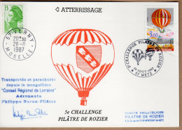 FRANCE 5ème CHALLENGE PILÂTRE DE ROZIER. COURRIER MONTGOLFIERE ATTESTE PAR HUISSIER OBL. ILLUSTREE 28 AOÜT 1987. VOIR - Andere & Zonder Classificatie