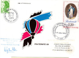 FRANCE FRATERNITE 89 COURRIER MONTGOLFIERE ATTESTE PAR HUISSIER OBL. ILLUSTREE 28 JUILLET 1989. VOIR VERSO - Sonstige & Ohne Zuordnung