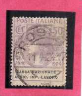 ITALY KINGDOM  ITALIA REGNO 1924 PARASTATALI CASSA NAZIONALE ASSICURAZIONI INFORTUNI SUL LAVORO CENT. 50 USATO USED - Franchise