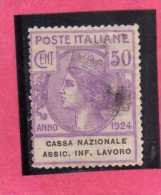 ITALY KINGDOM  ITALIA REGNO 1924 PARASTATALI CASSA NAZIONALE ASSICURAZIONI INFORTUNI SUL LAVORO CENT. 50 USATO USED - Franchise