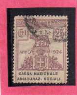 ITALY KINGDOM ITALIA REGNO 1924 PARASTATALI CASSA NAZIONALE ASSICURAZIONI SOCIALI CENT. 25 USED - Franchise