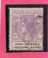 ITALY KINGDOM ITALIA REGNO 1924 PARASTATALI CASSA NAZIONALE ASSICURAZIONI SOCIALI CENT. 50 USED - Portofreiheit