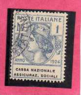 ITALY KINGDOM ITALIA REGNO 1924 PARASTATALI CASSA NAZIONALE ASSICURAZIONI SOCIALI LIRE 1 USED - Franchise