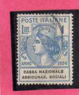 ITALY KINGDOM ITALIA REGNO 1924 PARASTATALI CASSA NAZIONALE ASSICURAZIONI SOCIALI LIRE 1 USED - Portofreiheit