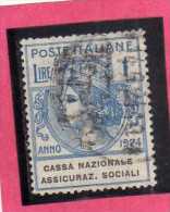 ITALY KINGDOM ITALIA REGNO 1924 PARASTATALI CASSA NAZIONALE ASSICURAZIONI SOCIALI LIRE 1 USED - Franchise