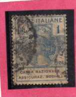 ITALY KINGDOM ITALIA REGNO 1924 PARASTATALI CASSA NAZIONALE ASSICURAZIONI SOCIALI LIRE 1 USED - Franchise