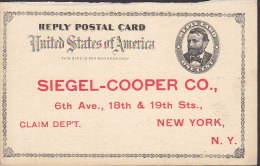 United States Postal Stationery Ganzsache Entier Private Print Reply Card SIEGEL-COOPER & Co. 1890? (2 Scans) - ...-1900