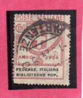ITALY KINGDOM ITALIA REGNO 1924 PARASTATALI FEDERAZIONE ITALIANA  BIBLIOTECHE POPOLARI CENT. 5 USED - Portofreiheit