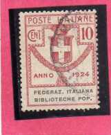 ITALY KINGDOM ITALIA REGNO 1924 PARASTATALI FEDERAZIONE ITALIANA  BIBLIOTECHE POPOLARI CENT. 5 USED - Portofreiheit