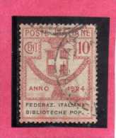 ITALY KINGDOM ITALIA REGNO 1924 PARASTATALI FEDERAZIONE ITALIANA  BIBLIOTECHE POPOLARI CENT. 5 USED - Franquicia