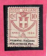 ITALY KINGDOM ITALIA REGNO 1924 PARASTATALI FEDERAZIONE ITALIANA  BIBLIOTECHE POPOLARI CENT. 5 USED - Franquicia