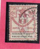 ITALY KINGDOM ITALIA REGNO 1924 PARASTATALI FEDERAZIONE ITALIANA  BIBLIOTECHE POPOLARI CENT. 5 USED - Franchise