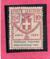 ITALY KINGDOM ITALIA REGNO 1924 PARASTATALI FEDERAZIONE ITALIANA  BIBLIOTECHE POPOLARI CENT. 5 USED - Franquicia