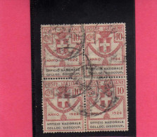 ITALY KINGDOM ITALIA REGNO 1924 PARASTATALI UFFICIO NAZIONALE COLLOCAZIONE DISOCCUPATI CENT. 10  QUARTINA  BLOCK USED - Franchise