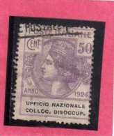 ITALY KINGDOM ITALIA REGNO 1924 PARASTATALI UFFICIO NAZIONALE COLLOCAZIONE DISOCCUPATI CENT. 50  USATO USED - Franquicia