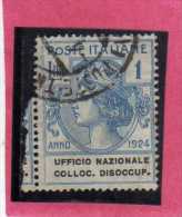 ITALY KINGDOM ITALIA REGNO 1924 PARASTATALI UFFICIO NAZIONALE COLLOCAZIONE DISOCCUPATI  LIRE 1  USATO USED - Franchise