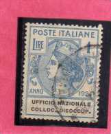 ITALY KINGDOM ITALIA REGNO 1924 PARASTATALI UFFICIO NAZIONALE COLLOCAZIONE DISOCCUPATI  LIRE 1  USATO USED - Franchise