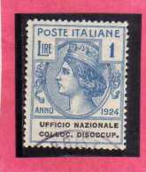 ITALY KINGDOM ITALIA REGNO 1924 PARASTATALI UFFICIO NAZIONALE COLLOCAZIONE DISOCCUPATI  LIRE 1  USATO USED - Franchise