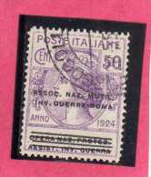 ITALIA REGNO ITALY 1924  PARASTATALI OPERA NAZIONALE PROTEZIONE INVALIDI GUERRA ASSOCIAZIONE MUTILATI CENT 50 USATO USED - Franchise