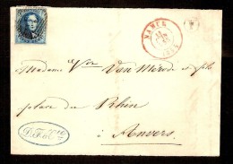 Nr. 7 (of 7A) Op Brief Verzonden Van NAMUR Naar ANVERS Dd. 14/6/1855 (zie 2 Scans) ! Inzet Aan 15 € ! - 1851-1857 Médaillons (6/8)