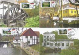 DENMARK (2009) - Cartes Maximum Cards - ATM ACON - Hydropower, Water Mill, Moulin, Hydraulique, Hammer Mill (4 Pcs) - Cartes-maximum (CM)