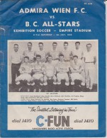 Official Football Programme BRITISH COLUMBIA ALL STARS - ADMIRA WIEN Friendly In 1958 Vancouver Canada VERY RARE - Uniformes Recordatorios & Misc