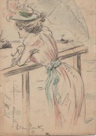 FEMME ELEGANTE  CONTEMPLANT LA MER MARINE OMBRELLE CHAPEAU ILLUSTRATEUR HENRI BOUTEZ ENVOYER DE BREST EN 1904 - Boutet