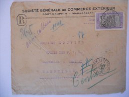 Madagascar Lettre Recommande De Fort Dauphin 1929 Pour Marseille ,curieux Affranchissement - Briefe U. Dokumente