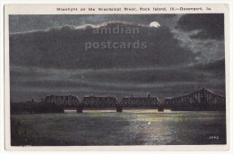 Moonlight On Mississippi - Davenport IA - Rock Island Bridge - C1920s Vintage Iowa Scenic Postcard - Davenport