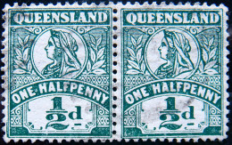 QUEENSLAND 1907 1/2d Queen Victoria USED PAIR Scott130 CV$10 - Used Stamps
