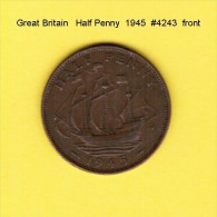 GREAT BRITAIN   1/2  PENNY  1945  (KM # 844) - C. 1/2 Penny