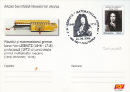 3369- GOTFRIED VON LEIBNITZ, COMPUTERS PIONEER, POSTCARD STATIONERY, 2006, ROMANIA - Informatik