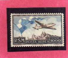 SAN MARINO 1951 POSTA AEREA AIR MAIL BANDIERA AEREO E VEDUTA FLAG PLANE VIEW LIRE 1000 MNH BEN CENTRATO SIGNED FIRMATO - Poste Aérienne