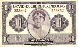 LUXEMBOURG 10 FRANCS BLACK WOMAN HEAD FRONT & ARMS NO LETTER IN SN TYPE BACK ND(1944) VF P44 READ DESCRIPTION!! - Luxemburg