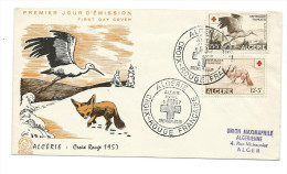 FDC D´Algèrie: Faune Africaine: La Cigogne  Et Le Renard:obl: Croix-Rouge Du 06/04/1957 - Cigognes & échassiers