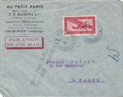 1935 LETTRE CAMBODGE PNOM-PENH. EN BLEU.  " PAR AVION JUSQU’À  MARSEILLE" /2818 - Airmail