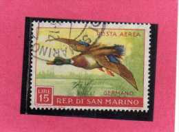 REPUBBLICA DI SAN MARINO 1959 POSTA AEREA AIR MAIL FAUNA AVICOLA BIRDS UCCELLI GERMANO LIRE 15 USATO USED OBLITERE' - Luftpost