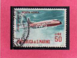 SAN MARINO 1963 POSTA AEREA AIR MAIL AEREI MODERNI MODERN PLANES LIRE 50 VICKERS VISCOUNT USATO USED - Airmail