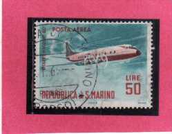 SAN MARINO 1963 POSTA AEREA AIR MAIL AEREI MODERNI MODERN PLANES LIRE 50 VICKERS VISCOUNT USATO USED - Luftpost