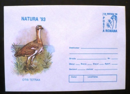 ROUMANIE Oiseaux, OUTARDE, NATURA 93 Timisoara Entier Postal Neuf , Emis En 1993 - Grues Et Gruiformes